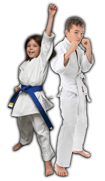 Martial Arts Lessons for Kids in Gilbert AZ - Happy Blue Belt Girl and Focused Boy Banner